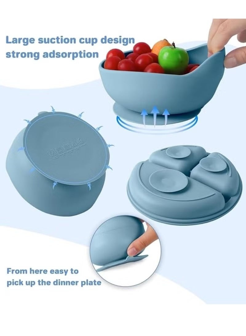 8 Pcs Silicone Baby Feeding Set, Baby Led Weaning Supplies with Suction Bowl Divided Plate, Self Feeding Spoons Forks Sippy Cup Adjustable Bib, for 6+ Months (Blue) - Image 4