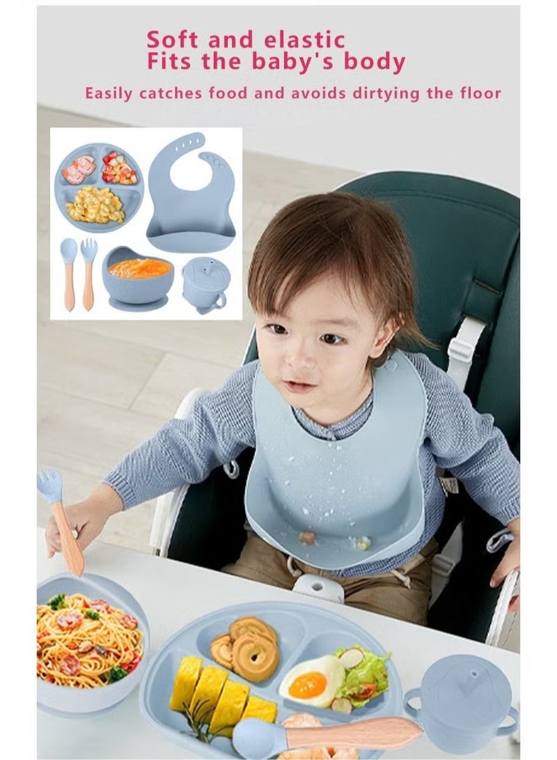 8 Pcs Silicone Baby Feeding Set, Baby Led Weaning Supplies with Suction Bowl Divided Plate, Self Feeding Spoons Forks Sippy Cup Adjustable Bib, for 6+ Months (Blue) - Image 3