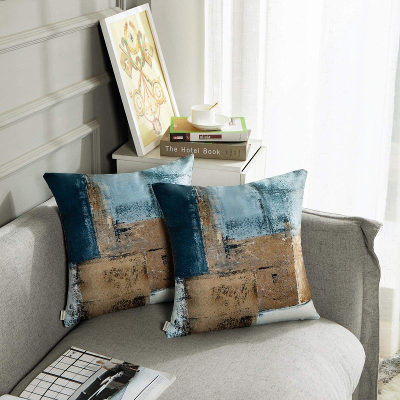 Britimes Britimes Throw Pillow Covers Modern Home Art Decor  16 x 16 Inches Set of 2 Pillow Cases Decorative  Abstract Oil Painting Pillowcases for Bedroom  Living Room  Cushion Couch Sofa  Brown Blue  - Image 5