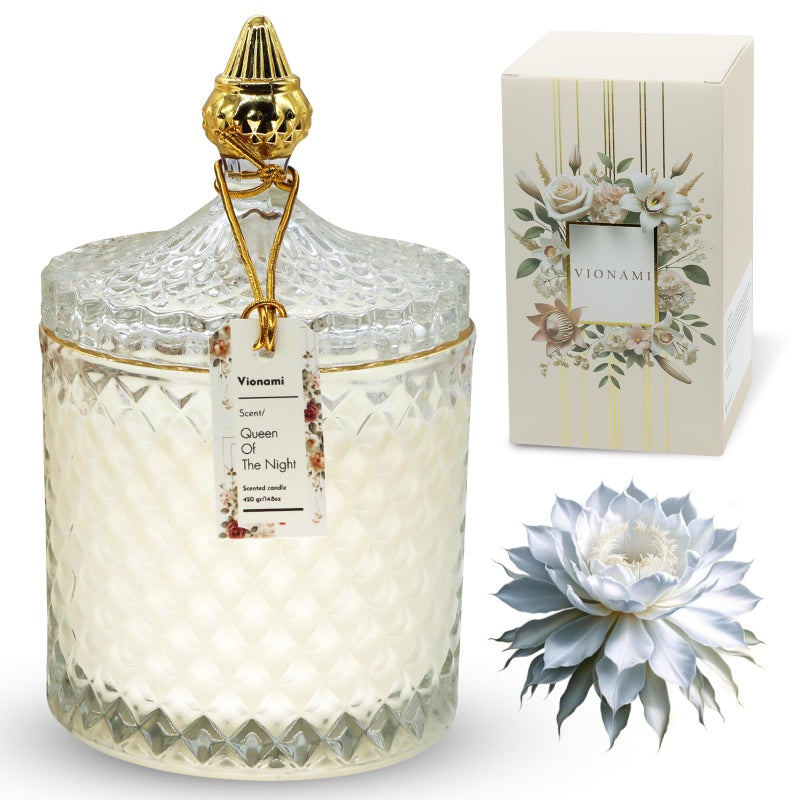 VIONAMI Luxury Scented Candle Gift â€“ Queen of The Night Rare Flower Fragrance in Elegant Glass Jar, Decorative Soy Candles Gifts for Women, Long-Lasting 80 Hr, 14.8 oz, Luxury Candles for Women - Image 1