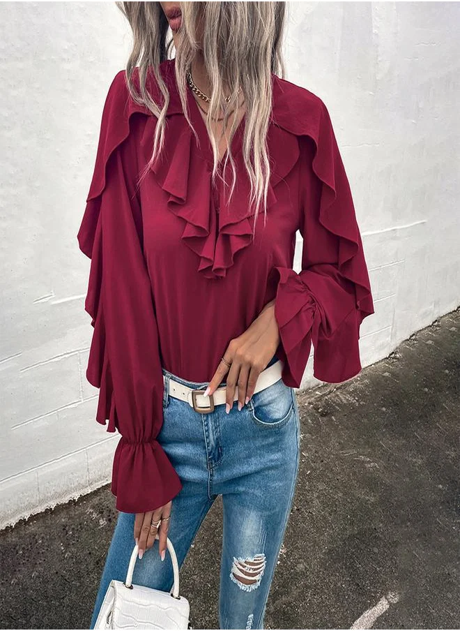 ستايلي Ruffled Volume Sleeve V Neck Blouse by Styli