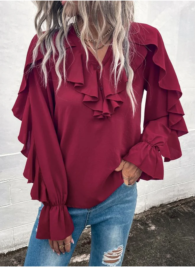 ستايلي Ruffled Volume Sleeve V Neck Blouse by Styli