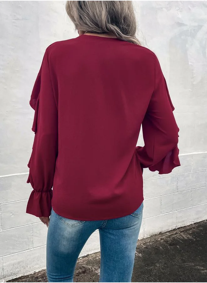 ستايلي Ruffled Volume Sleeve V Neck Blouse by Styli