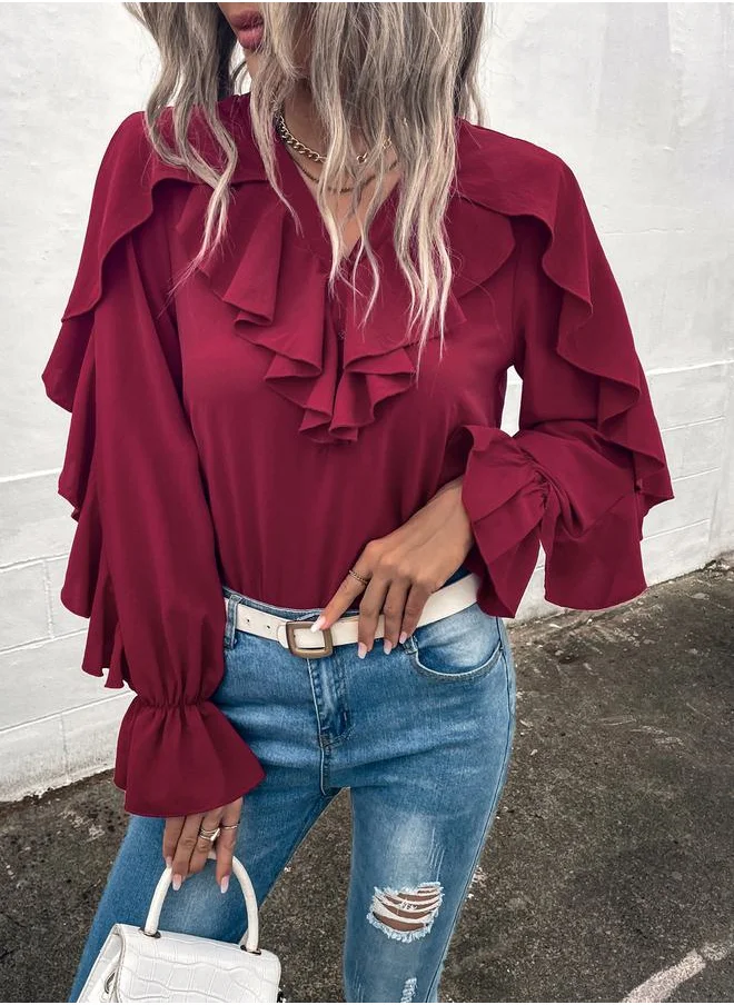 ستايلي Ruffled Volume Sleeve V Neck Blouse by Styli