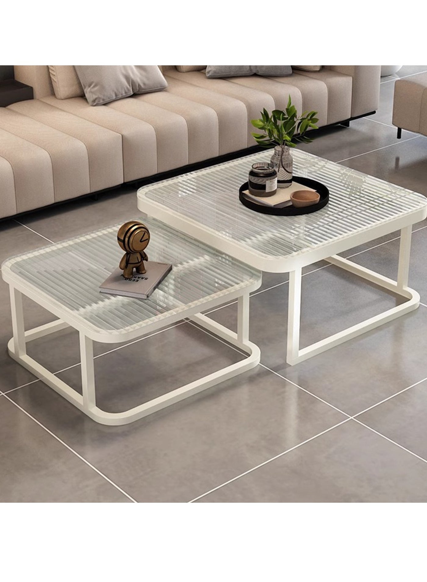 Small Apartment Ins Style Tempered Glass Metal Frame Coffee Table, Double and Double Style Folding Storage Coffee Table 60*60*36.5CM&70*70*44CM