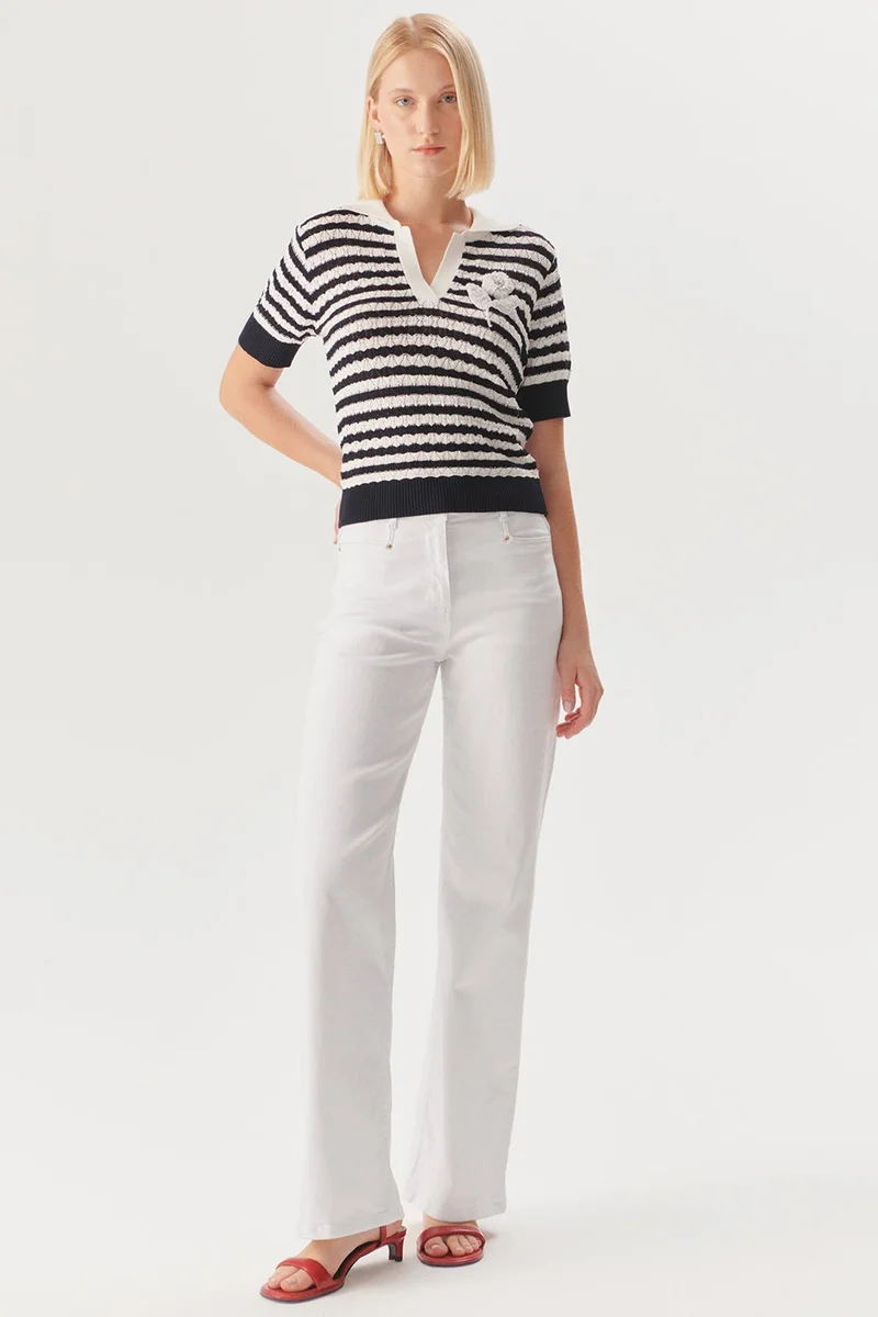 اكسيكيوز بنطال جينز أبيض قطني عالي الخصر بقصة عادية