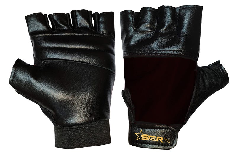 Star X Unisex Gym Gloves Workout & Fitness Training, Anti-Slip Palm Grip, Breathable, Comfortable Fit with Wrist Support, Half-Finger Hand Gloves for Men & Women (Free Size, Faux Leather, Black) - Image 1
