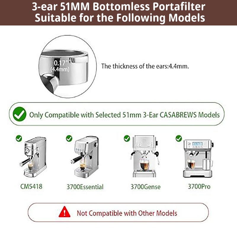 Patravious 51mm Bottomless Portafilter, 3-Ear 304 Stainless Steelï¼ŒBottomless Portafilter for CASABREWS 3700/CM5418, Mr. Coffee and Gevi Espresso Machines (248 precision holes Detachable Handle-Blackï¼‰ - Image 4