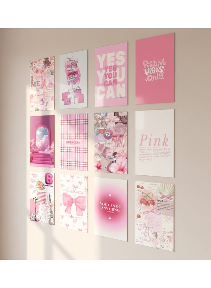 12pcs Blush Pink Wall Posters – Aesthetic Girl Room Decor Set Made of 300gsm Glossy Coated Paper with Self-Adhesive Double Tape, Ideal for Bedrooms, Study Corners, or Dorm Rooms - Image 1
