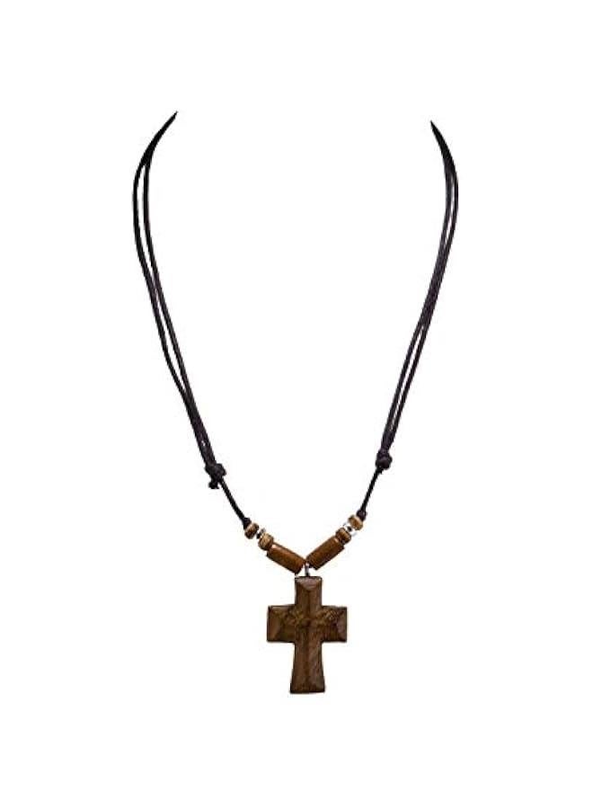 Arabest Hand Carved Wood Cross on Adjustable Cord Necklace - Image 1