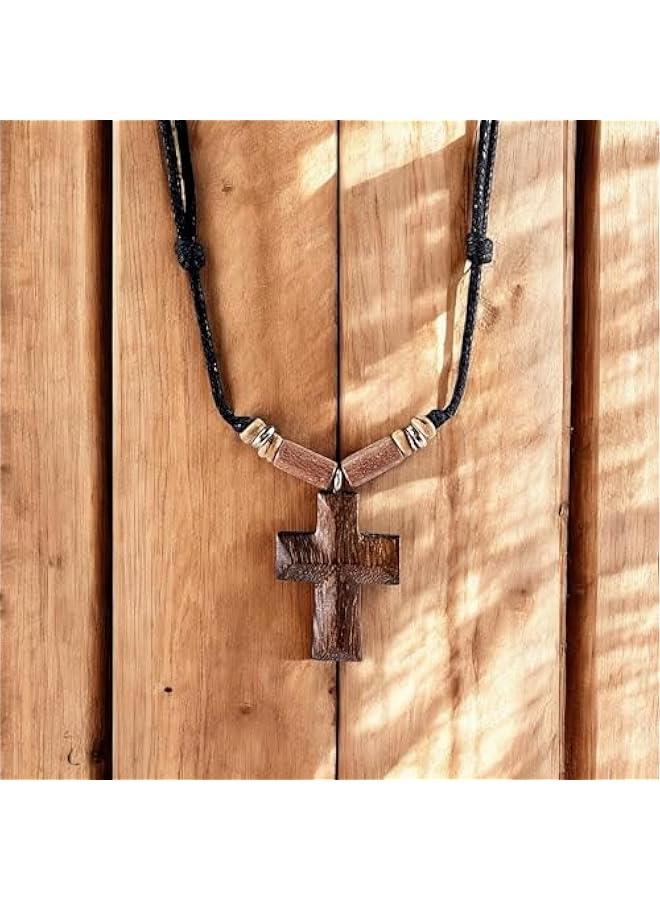 Arabest Hand Carved Wood Cross on Adjustable Cord Necklace - Image 3