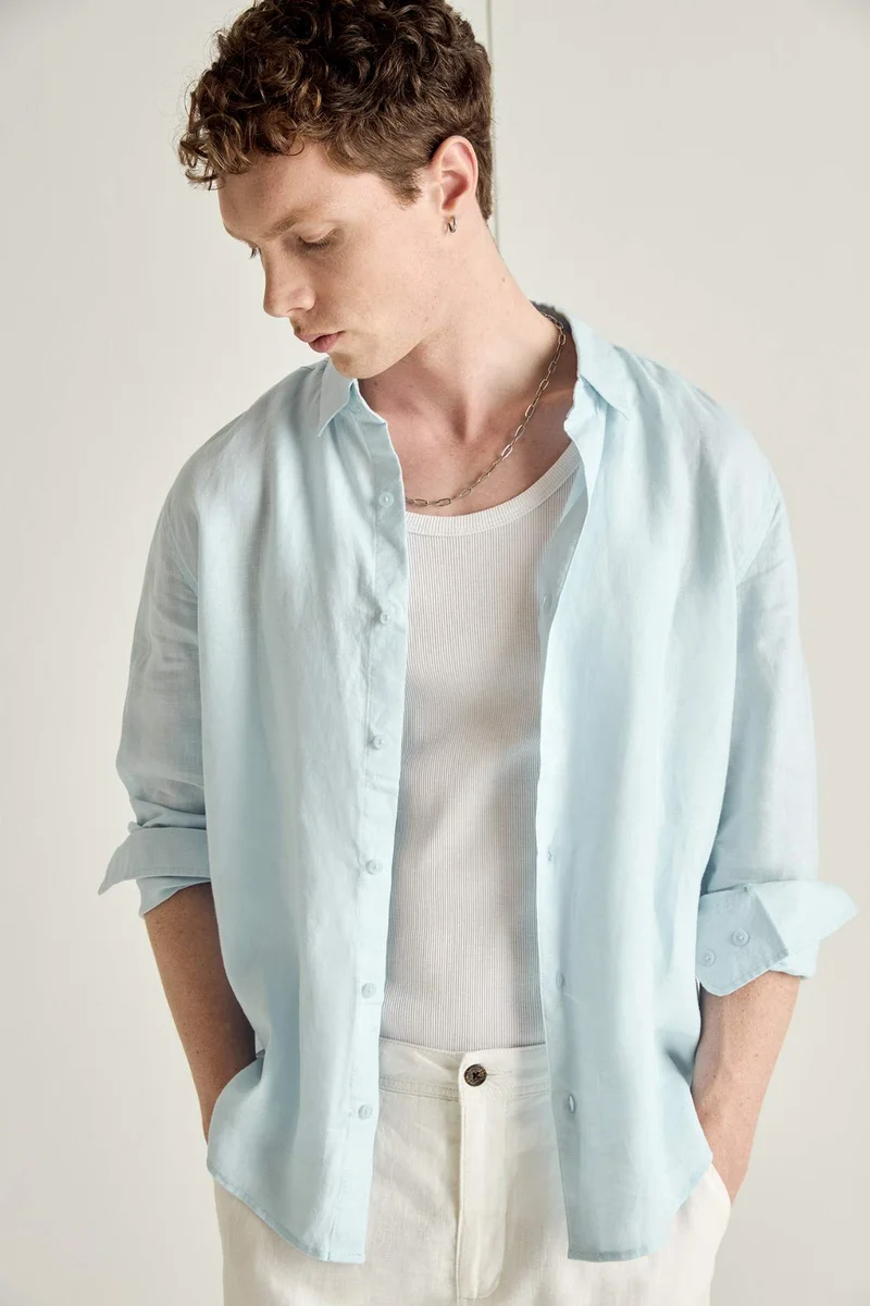 ديفاكتو Regular Fit Polo Collar Linen Shirt