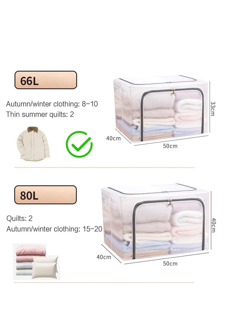DUNISO Foldable Clothes Storage Boxes with Steel Frame 66L 3 Pack Transparent Foldable Storage Boxes Double Zipper Clothes Storage Organizer for Clothing Shoe Toys Bedroom(White-3PCS(66L)  - Image 3