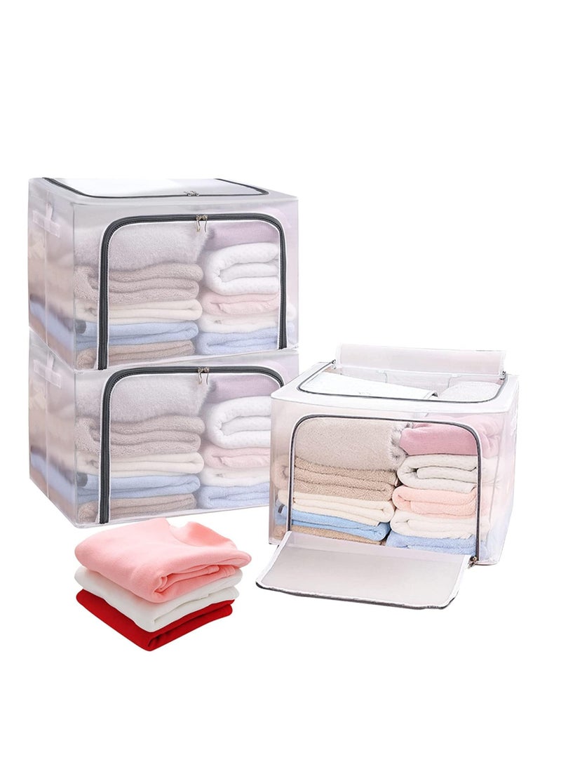 DUNISO Foldable Clothes Storage Boxes with Steel Frame 66L 3 Pack Transparent Foldable Storage Boxes Double Zipper Clothes Storage Organizer for Clothing Shoe Toys Bedroom(White-3PCS(66L)  - Image 1