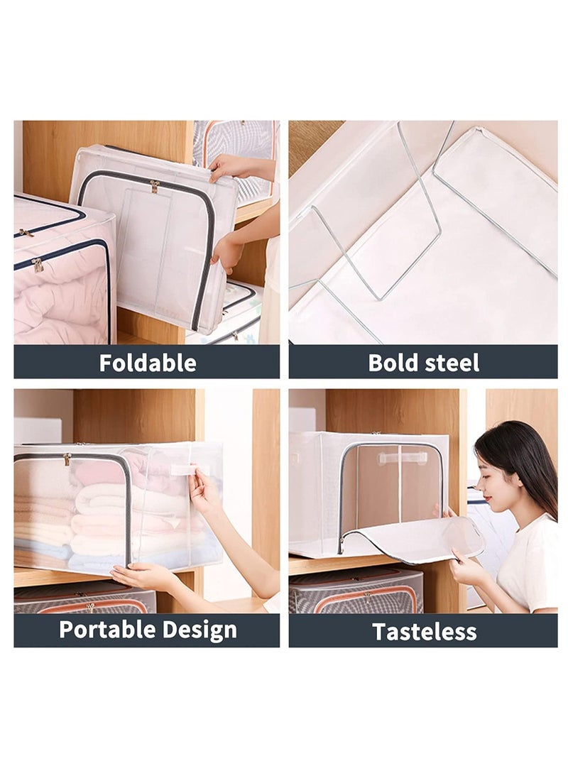 DUNISO Foldable Clothes Storage Boxes with Steel Frame 66L 3 Pack Transparent Foldable Storage Boxes Double Zipper Clothes Storage Organizer for Clothing Shoe Toys Bedroom(White-3PCS(66L)  - Image 5