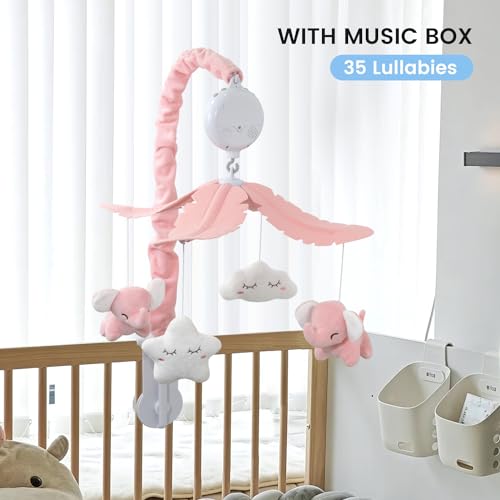 FEISIKE Baby Crib Mobile for Girls Boys with 3 Modes Digital Musical Motor（Rotating Only, Music Only, Rotating & Music, 35 Lullabies, Pink Elephant Nursery Mobile, Knob Type - Image 2