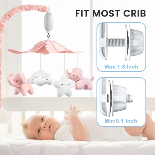 FEISIKE Baby Crib Mobile for Girls Boys with 3 Modes Digital Musical Motor（Rotating Only, Music Only, Rotating & Music, 35 Lullabies, Pink Elephant Nursery Mobile, Knob Type - Image 4