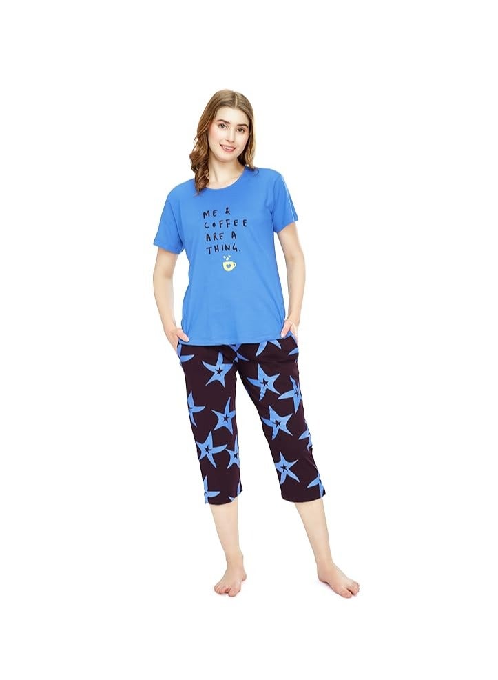 Accessorize Kingdom Night Suit for Women's Star Printed Cotton Night Dress of Top and Capri Set  - Image 1