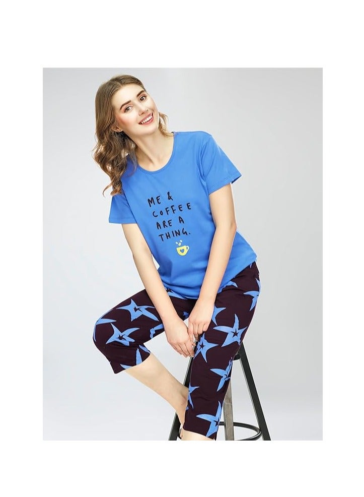 Accessorize Kingdom Night Suit for Women's Star Printed Cotton Night Dress of Top and Capri Set  - Image 3