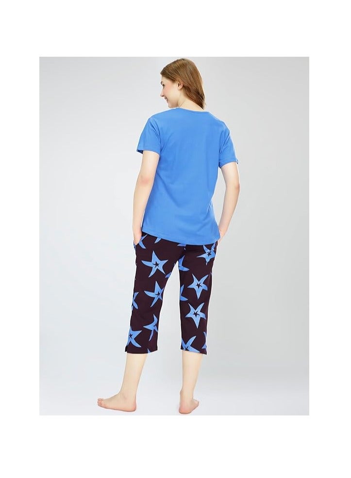 Accessorize Kingdom Night Suit for Women's Star Printed Cotton Night Dress of Top and Capri Set  - Image 4