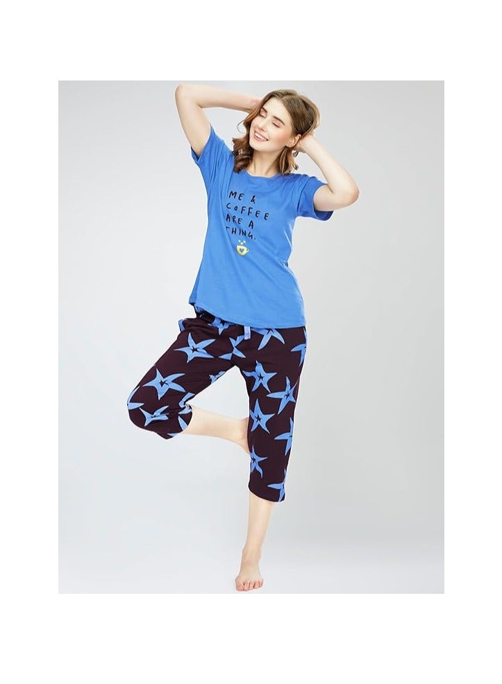 Accessorize Kingdom Night Suit for Women's Star Printed Cotton Night Dress of Top and Capri Set  - Image 5