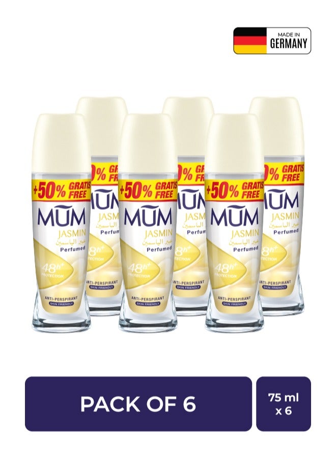 MUM Deodorant Roll-on - Jasmine, 48-Hrs Protection, Quick Drying Formula For All Skin Type, Pack of 6, 75ml Each - Image 1