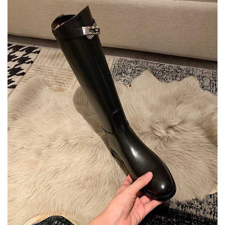 2024 أحذية بكعب معدني للنساء، لا تتجاوز ارتفاع الركبة، متعددة الاستخدامات، كاجوال، أحذية فرسان متوسطة الارتفاع، بكلة حزام متعددة - Image 3