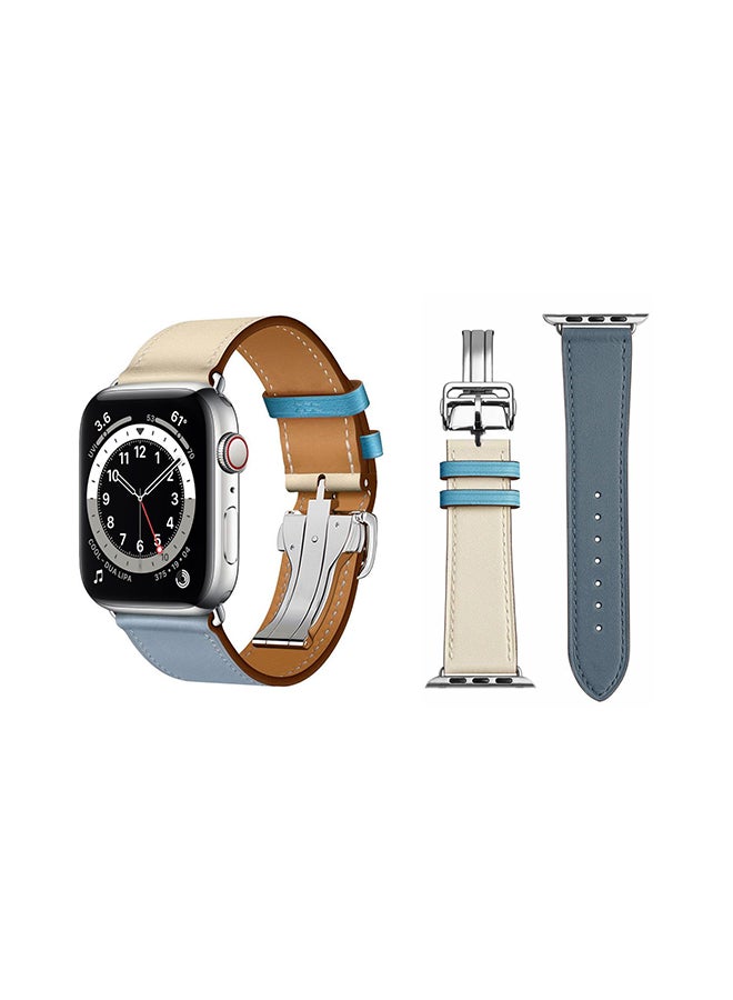 Perfii Genuine Leather Replacement Band For Apple Watch Series 6/SE/5/4/3/2/1 Blue White