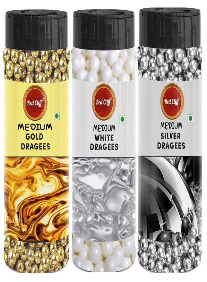 RED CLIFF Premium Silver+Gold+White Dragees Medium Sized (4mm)Pearl Balls Ideal for Cake Decoration & Garnishing | 100g (Pack of 3) - Image 1