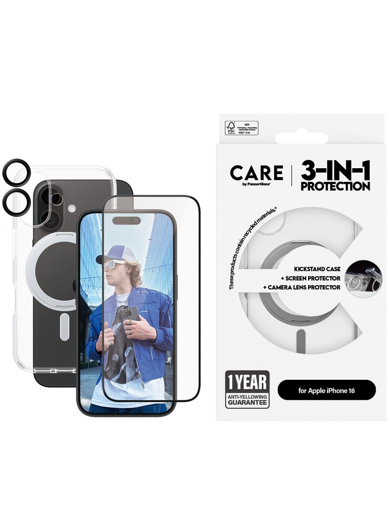 PanzerGlass CARE by PanzerGlass® Feature 3-in-1 Ceramic Bundle for iPhone 16, MagSafe compatible Kickstand case, an Ultra-Wide Fit Ceramic Screen Protector, and HoopsTM Ceramic Camera Lens Protector - with mounting aid for easy installation - Image 1
