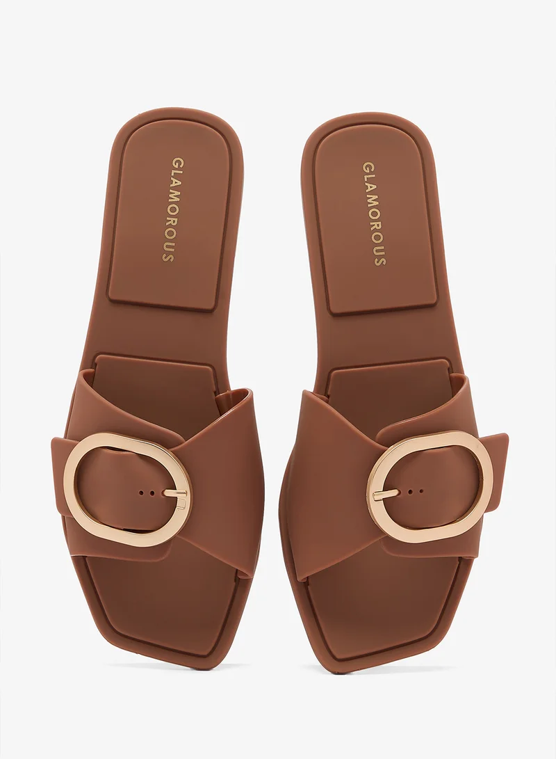 Glamorous BROWN MATTE Elly Buckle Flat Sandals for Women | Best Price UAE