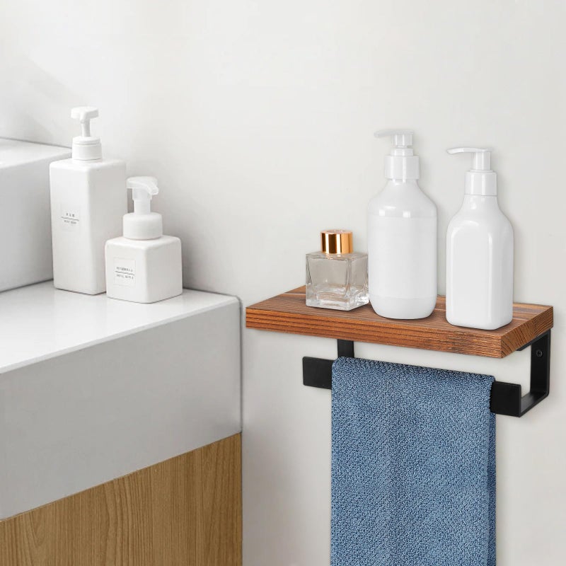 Winmien Hand Towel Holder/Towel Ring with Wooden Shelf, Hand Towel Rack, Hand Towel Hanger for Bathroom, Bath Accessories Wall Mounted, Matte Black (9"-Squ Shaped) - Image 4