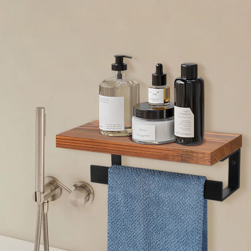 Winmien Hand Towel Holder/Towel Ring with Wooden Shelf, Hand Towel Rack, Hand Towel Hanger for Bathroom, Bath Accessories Wall Mounted, Matte Black (9"-Squ Shaped) - Image 5
