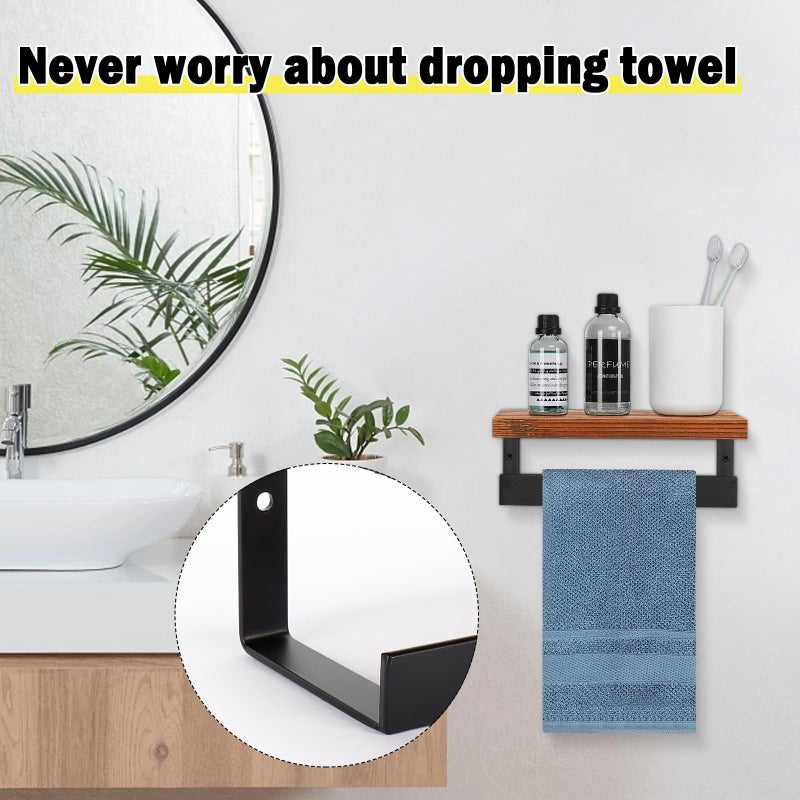 Winmien Hand Towel Holder/Towel Ring with Wooden Shelf, Hand Towel Rack, Hand Towel Hanger for Bathroom, Bath Accessories Wall Mounted, Matte Black (9"-Squ Shaped) - Image 3