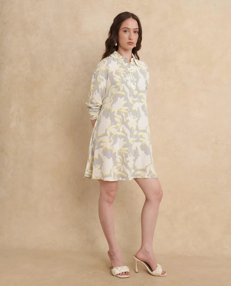 ريريزم Rareism Women's Jandop Light Multi 100% Cotton Fabric Collared Neck Button Closure Cuffed Sleeve Abstract A-Line Mini Dress