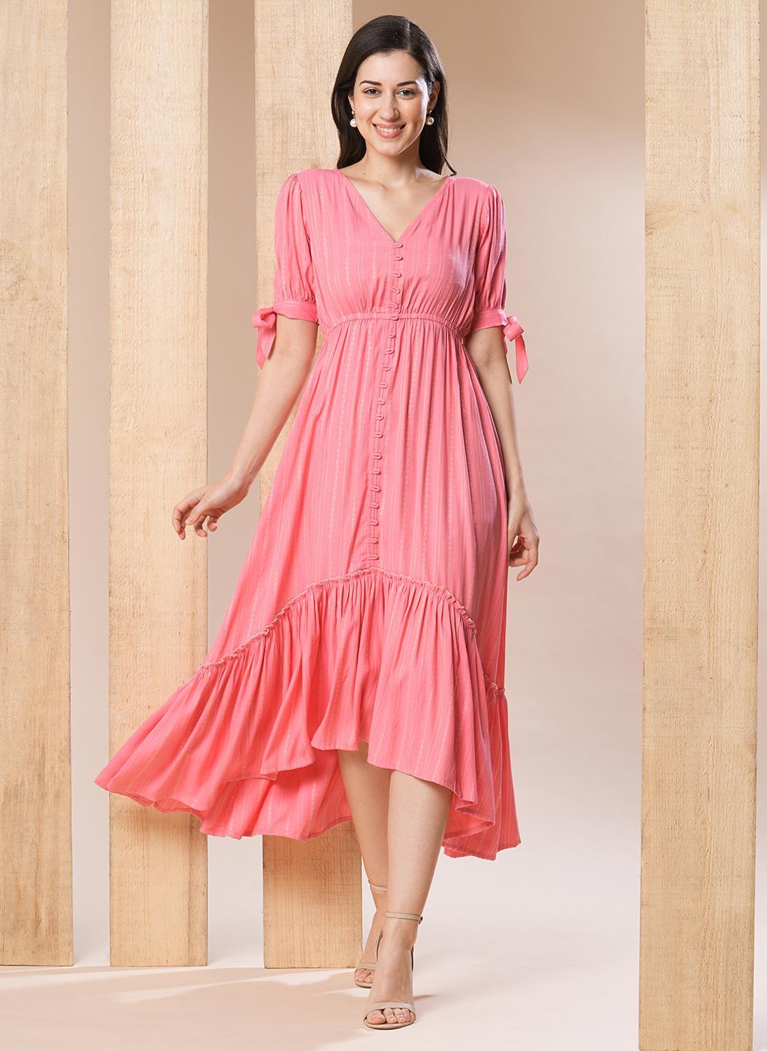 Globus Women's Pink Self Design V Neck A Line Midi Dress