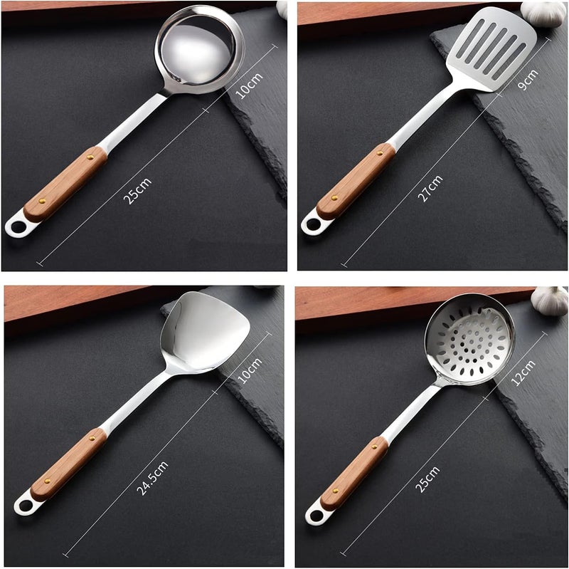 NAIDEV 6 Piece Kitchen Cooking Stainless Steel Utensils Set Wooden Handle Cooking Tools Gadgets Spatula Set Hook,Shovel,Slotted Turner,Slotted Skimmer,Ladle. (Set of 6, 1) - Image 3