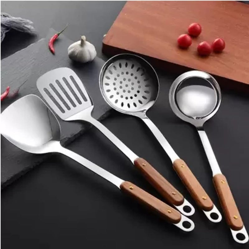 NAIDEV 6 Piece Kitchen Cooking Stainless Steel Utensils Set Wooden Handle Cooking Tools Gadgets Spatula Set Hook,Shovel,Slotted Turner,Slotted Skimmer,Ladle. (Set of 6, 1) - Image 2