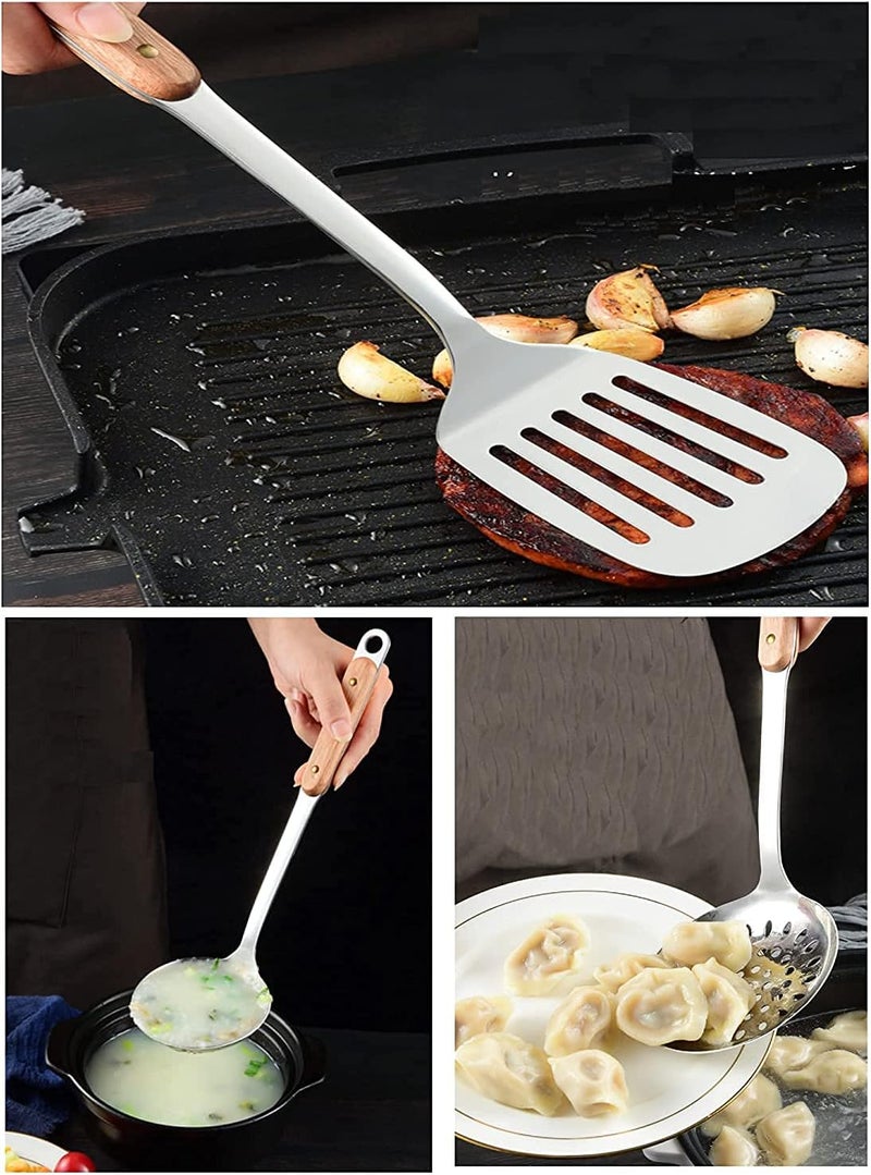 NAIDEV 6 Piece Kitchen Cooking Stainless Steel Utensils Set Wooden Handle Cooking Tools Gadgets Spatula Set Hook,Shovel,Slotted Turner,Slotted Skimmer,Ladle. (Set of 6, 1) - Image 1