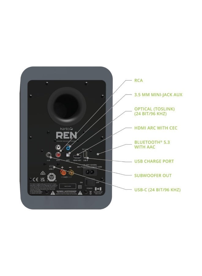 Kanto Audio REN 200W Powered Bookshelf Speakers with HDMI ARC, USB-C, and Bluetooth 5.3-Matte Grey, Pair - Image 3