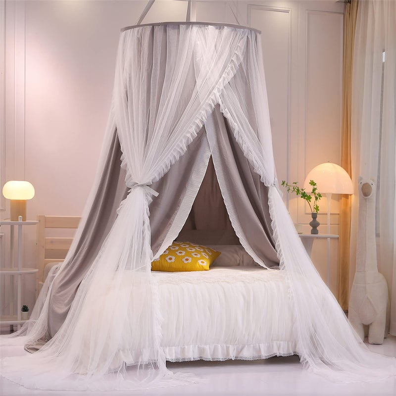 VETHIN Double Layer Princess Round Dome Canopy Bed Curtain for Girls AdultsChildren Dreamy Mosquito NetCute Bedroom Decoration Castle Play Tent Reading Nook CanopiesDomeGreyWhite