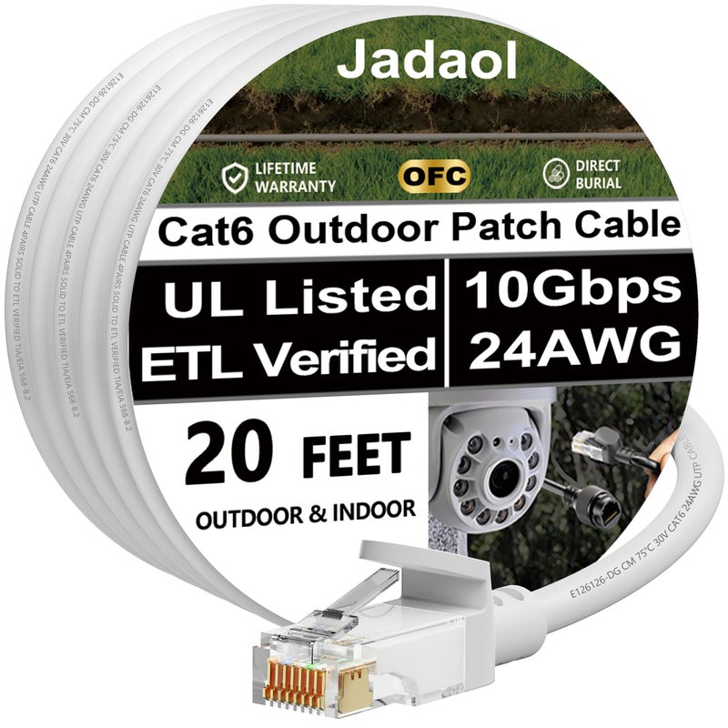 Jadaol Cat 6 Ethernet Cable 20ft, Outdoor&Indoor, 10Gbps Support Cat8/7 Network, 24AWG Pure Copper Patch LAN Cord, Direct Burial Waterproof In-Ground UV Resistant for Router, Modem, Switch, POE, White - Image 1