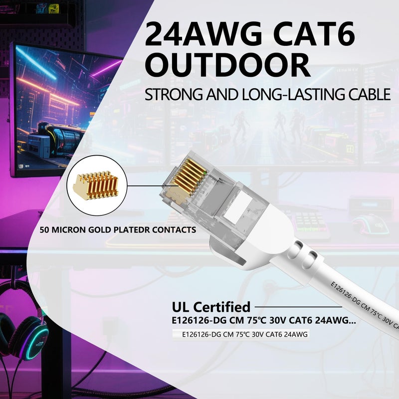 Jadaol Cat 6 Ethernet Cable 20ft, Outdoor&Indoor, 10Gbps Support Cat8/7 Network, 24AWG Pure Copper Patch LAN Cord, Direct Burial Waterproof In-Ground UV Resistant for Router, Modem, Switch, POE, White - Image 2
