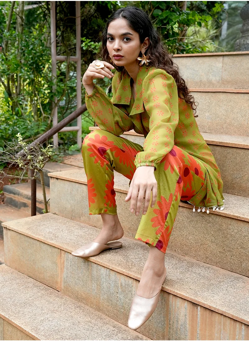 QISSA Women's Avocado Green Flower Tie-Up Co-Ord Set