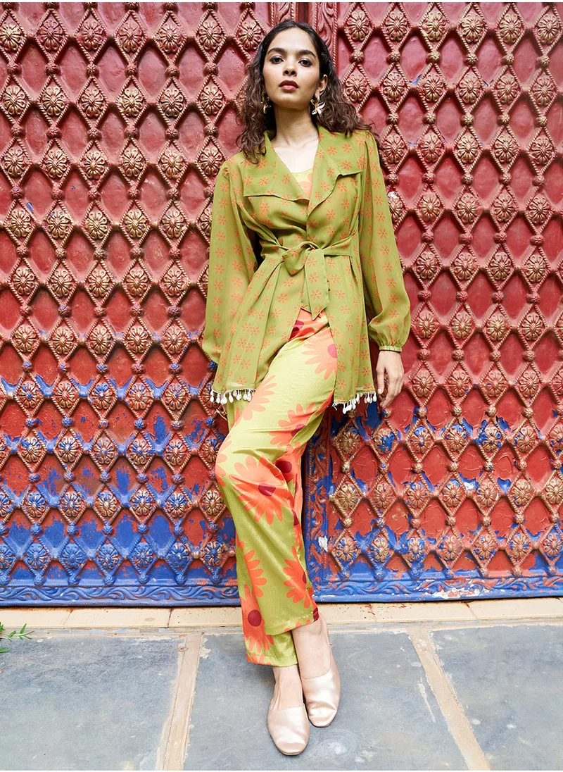 QISSA Women's Avocado Green Flower Tie-Up Co-Ord Set