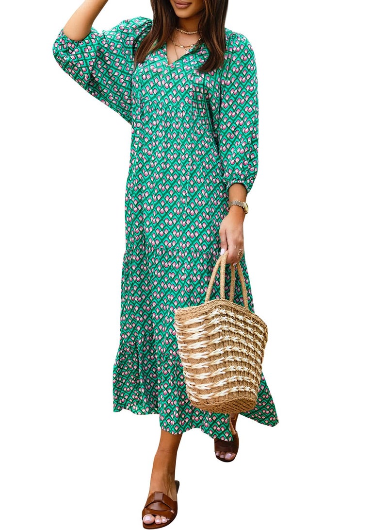miduo Womens Maxi Dress Loose V Neck Summer Short Sleeve Floral Bohemian Boho Beach Long Dresses Printed Dresses XL - Image 1