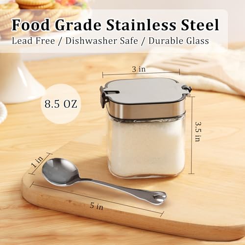 Aelga Glass Sugar Bowl with Lid and Spoon, 8.5 OZ Sugar Container Stainless Steels Flip Lid, Salt Container for Kitchen, Coffer Bar Accessories, Countertop - Image 4