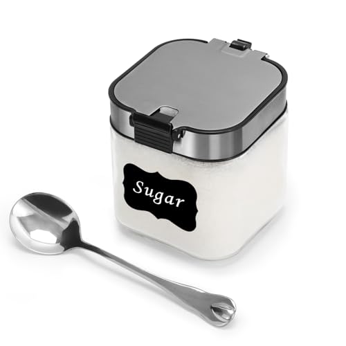Aelga Glass Sugar Bowl with Lid and Spoon, 8.5 OZ Sugar Container Stainless Steels Flip Lid, Salt Container for Kitchen, Coffer Bar Accessories, Countertop - Image 1