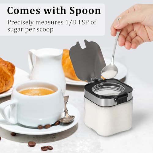 Aelga Glass Sugar Bowl with Lid and Spoon, 8.5 OZ Sugar Container Stainless Steels Flip Lid, Salt Container for Kitchen, Coffer Bar Accessories, Countertop - Image 3