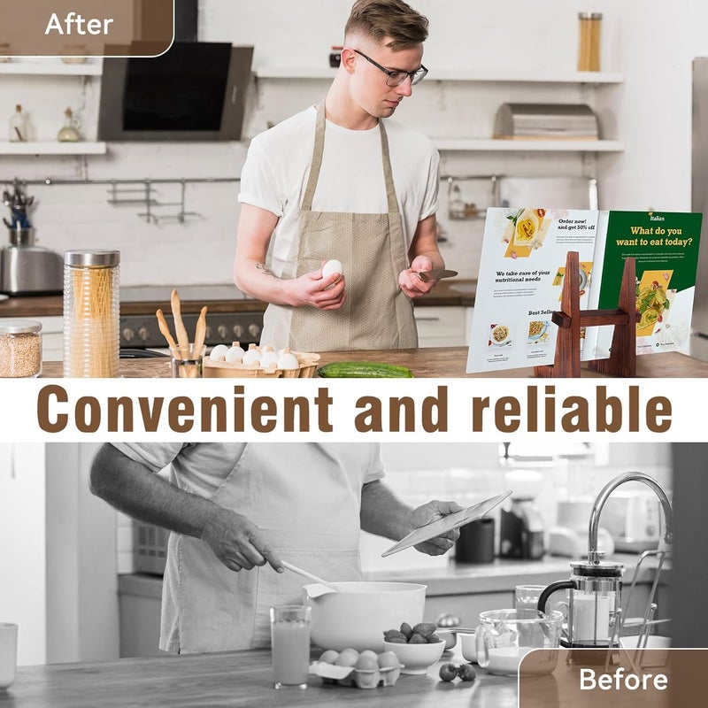 DEBETOOL Cookbook Stand for Kitchen - 8.8 inch Wooden Cookbook Holder for Kitchen Counter Decor, Multifunctional Recipe Book Stand, Rustic Brown Recipe Book Holder Stand - Image 3